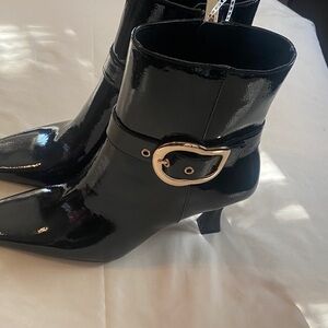 Gianni Bini Black Patent Ankle Boots with Gold Buckle Accent